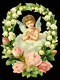 Putto: Cherub on a cloud with floral border