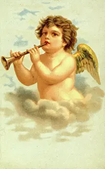 Putto: Cherub on a cloud playing a trumpet