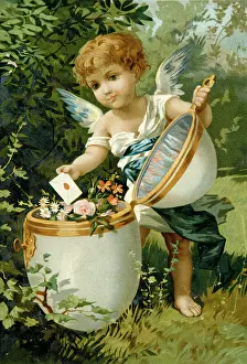 Cherubs: Cherub placing letter in large egg