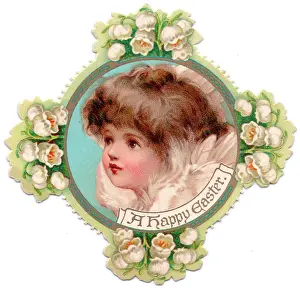 Cherubic: Cherub with white flowers on a cross-shaped Easter card