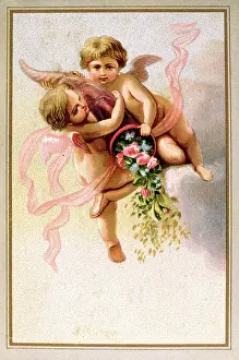 Putto: Two cherubs with cornucopia of flowers