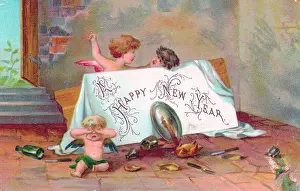 Cherubim: Three cherubs fighting on a New Year card
