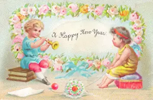 Cherubim: Two cherubs with flowers on a New Year card