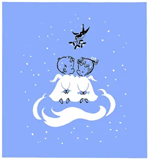 Sprig: Two cherubs with robin holding mistletoe