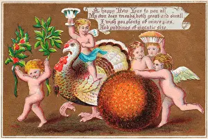 Cherubim: Cherubs with turkey and pudding on a New Year card