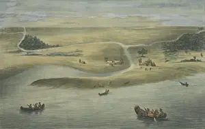 Lcgr1906: CHICAGO IN 1820, with Native American in canoes