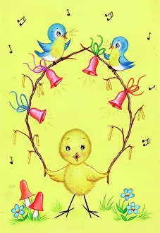 Adair: Chick with two blue birds and bells