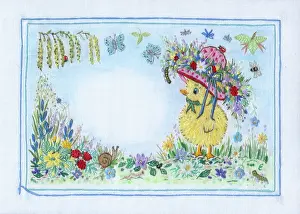 Coggan: Chick in Easter Bonnet - with butterflies, spring flowers, c