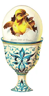 Eggcup: Chick in an eggcup on a cutout Easter card