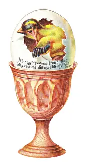 Eggcup: Chick in an eggcup on a cutout New Year card