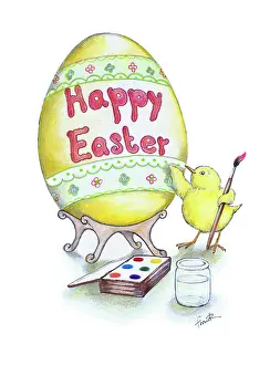 Endersby: Chick painting an egg with'Happy Easter