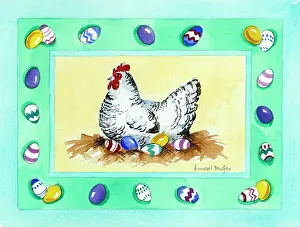 Annabel: Chicken on a nest with decorated eggs
