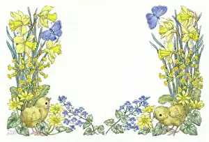 Nots: Two chicks with flowers and two blue butterflies