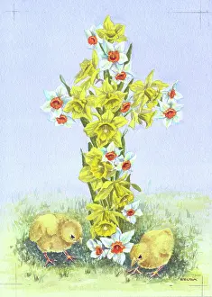 Gilda: Two chicks at the foot of a cross of daffodils