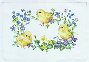 Periwinkle: Three Chicks with Forget-me-not, Violets etc