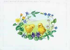 Periwinkle: Two Chicks in Landscape in a wreath of flowers