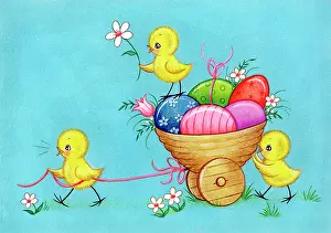 Carting: Three chicks with a little cart full of Easter eggs