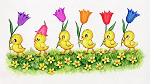 Adair: Six chicks marching with tulips