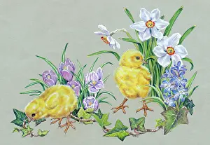 Narcissi: Two Chicks with narcissi, crocuses, chionodoxa