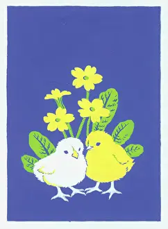 Margery: Two Chicks in front of Primroses