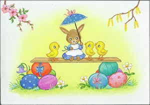 Adair: Three chicks and rabbit with Easter eggs