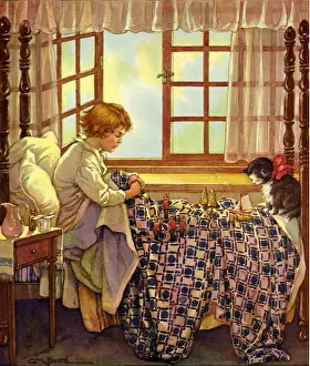 Burd: Child in Bed with Kitten at Feet