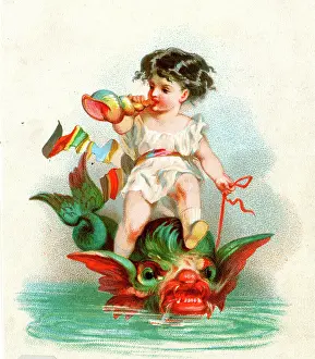 Blow: Child blowing a shell, riding on the head of a sea monster