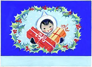 Kris: Child with Christmas parcels in holly frame
