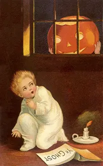 Cowering: Child cowering beneath a Jack-o-Lantern