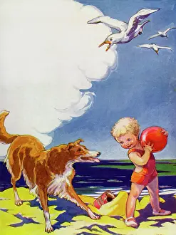 Playtime Nostalgia Illustration: Child, dog & seagulls
