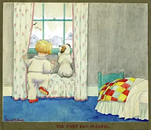 Pajamas: Child and dog at window with snow outside