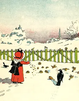 Feeds: Child feeding the birds in the snow