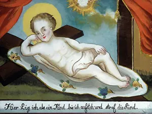 Eglomise: Child Jesus rests on a cross