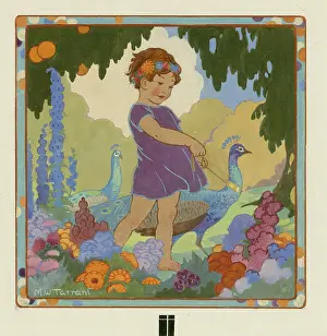 Peacocks: Child with two peacocks and flowers in foreground