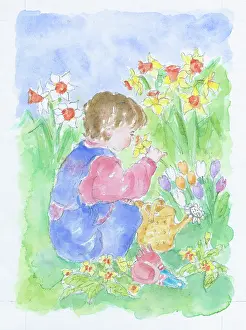 Bernice: Child Picking Flowers - with watering can