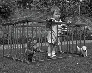 Flowerbed: Child in a playpen in a garden