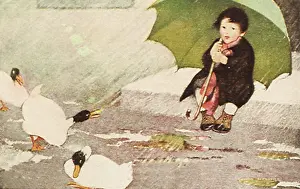Jessie: Child sits with umbrella in rain with ducks