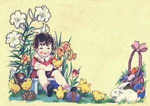 Bunny: Child surrounded by flowers, chicks and Easter eggs