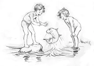Amaze: Two children are amazed to see a magic fish