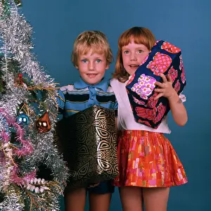 Sk-images: Two Children with artificial Christmas tree and presents