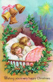 Bedspread: Two children asleep in bed on a Christmas card