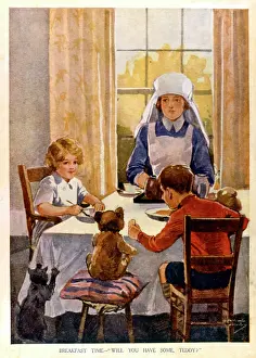 Nanny: Children at breakfast with nanny and teddy