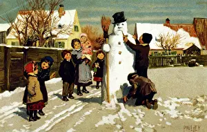 Snowman: Children building a snowman