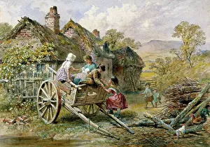 Coleman: Children on a Cart ' with cottage behind