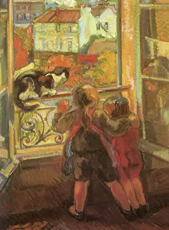 Ledge: Two Children with a Cat on a Window Ledge
