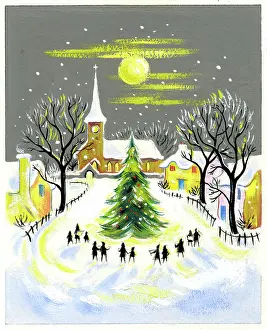 Wormell: Children around Christmas tree in village