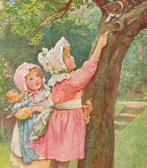 Coaxing: Children coax cat from tree