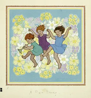 Pixies: Three children dancing with flowers behind