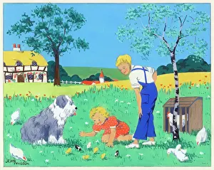 Davidson: Children and dog with chicks