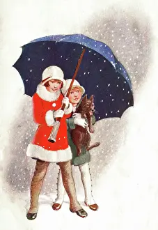 Tess Hines: Two children and dog sheltering from the snow